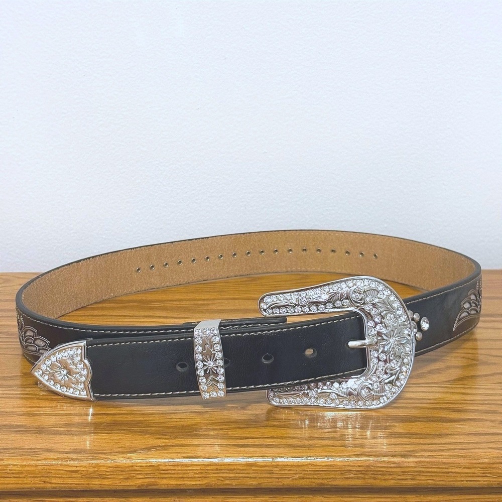 Nocona Belt Co Womens‎ Black Rhinestone Angel Wing Cross Western Belt N3490801 L